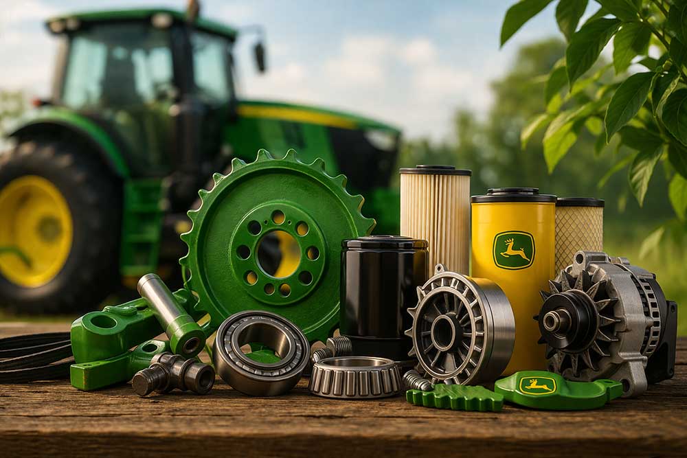 Repuestos de tractor agrícola colocados sobre una mesa de madera, con un tractor al fondo en un entorno rural.